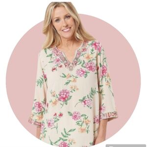 Belle By Kim Gravel Embroidery Beige Florals Tunic Plus Sz 1X
